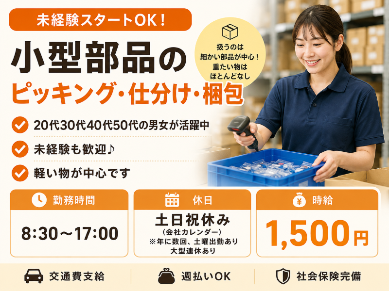 【富山市八尾町】時給1,500円！軽い物のピッキング／土日祝休