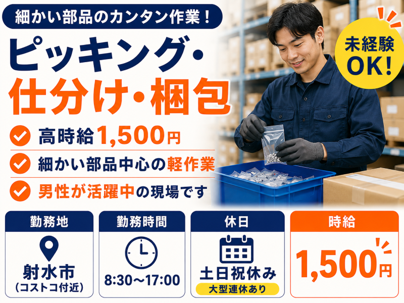 コストコ近く／物流倉庫にてピッキング作業／時給1500円／土日祝休み